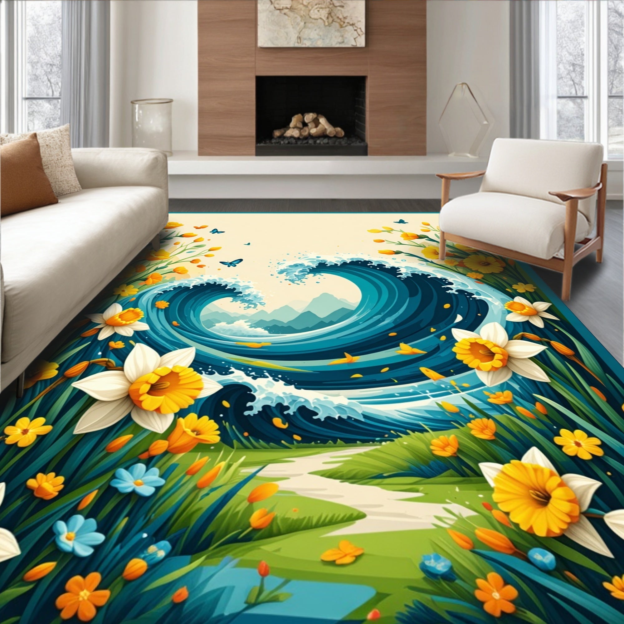 Spring Wave Floral Butterfly Scene Rug