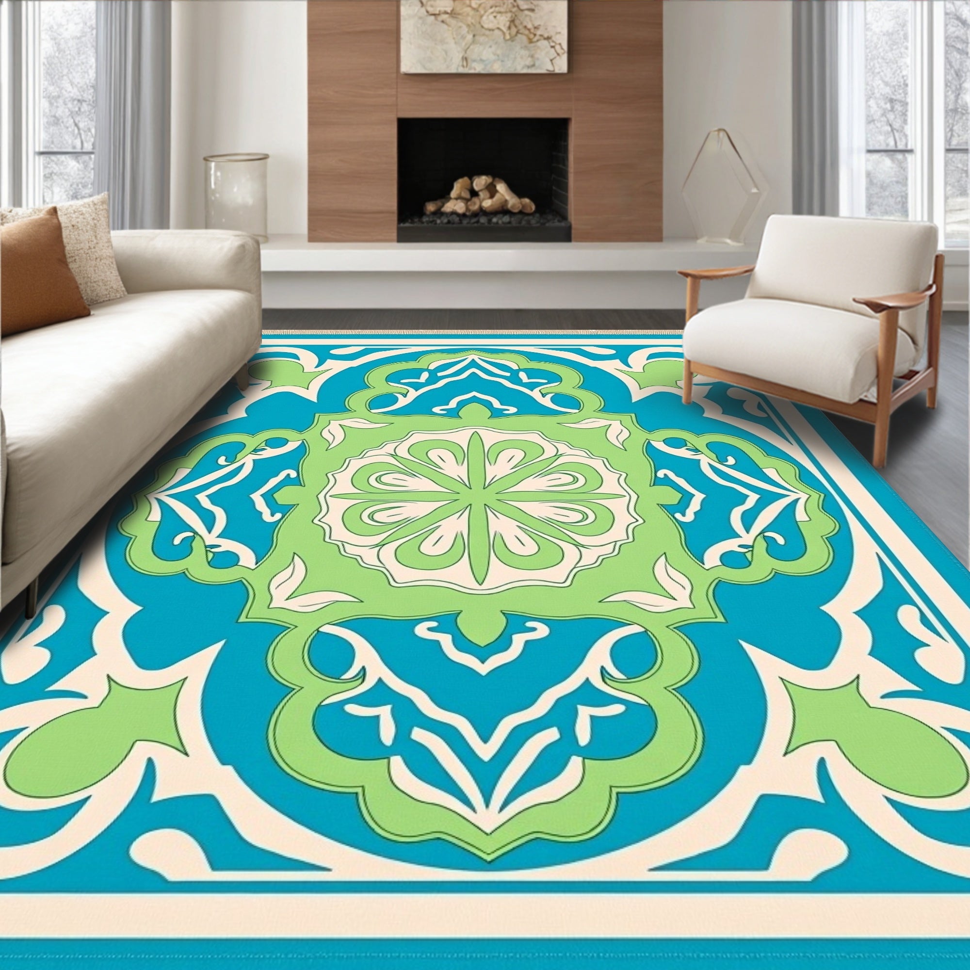 Azure Green Cream Floral Lattice Rug