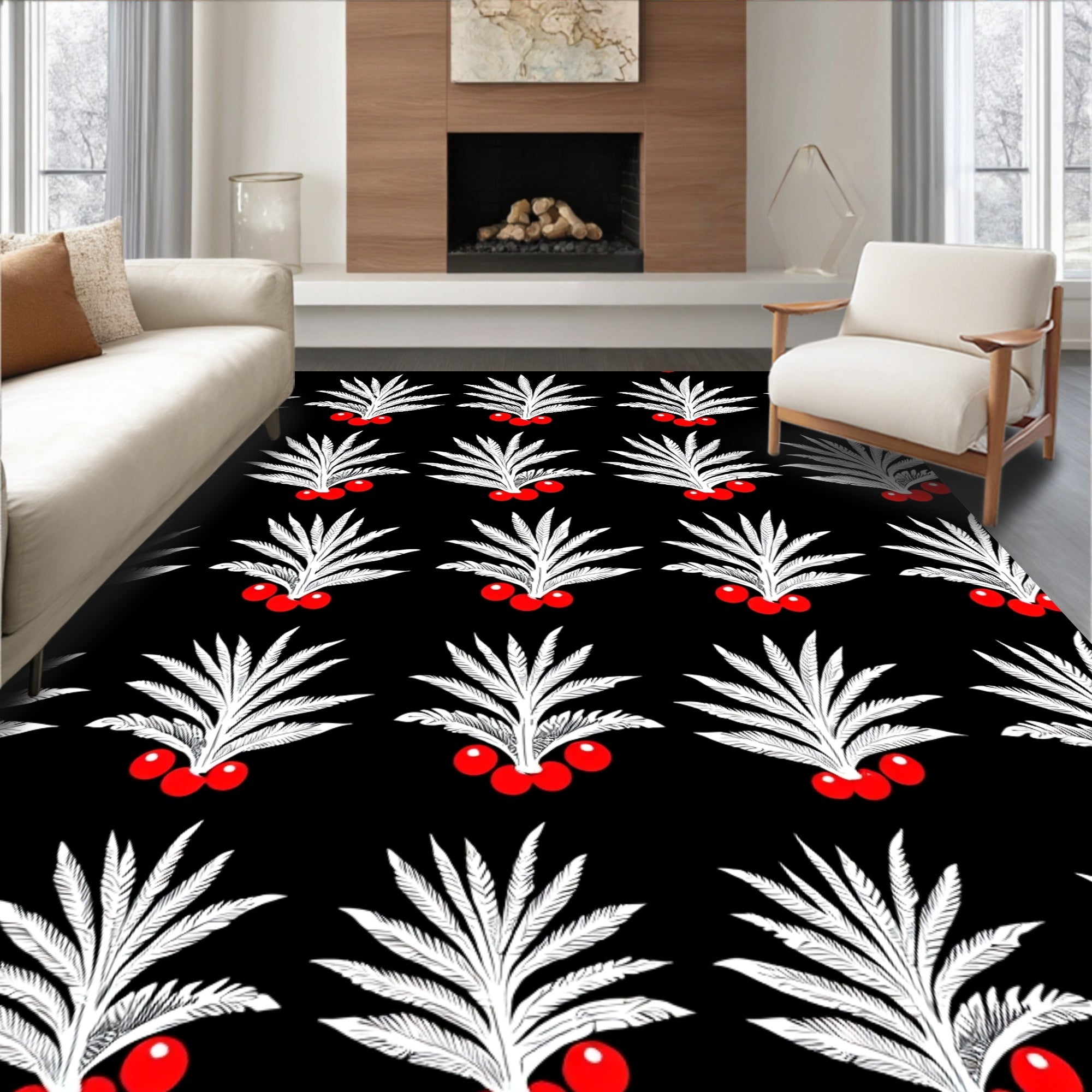 Black White Red Berry Palm fronds Rug