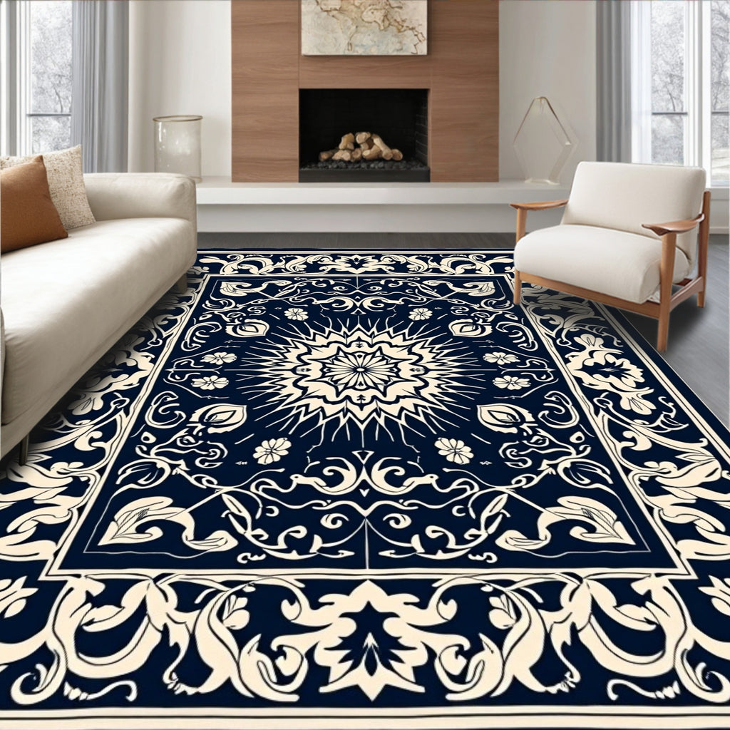 Intricate Floral Medallion Dark Blue Rug