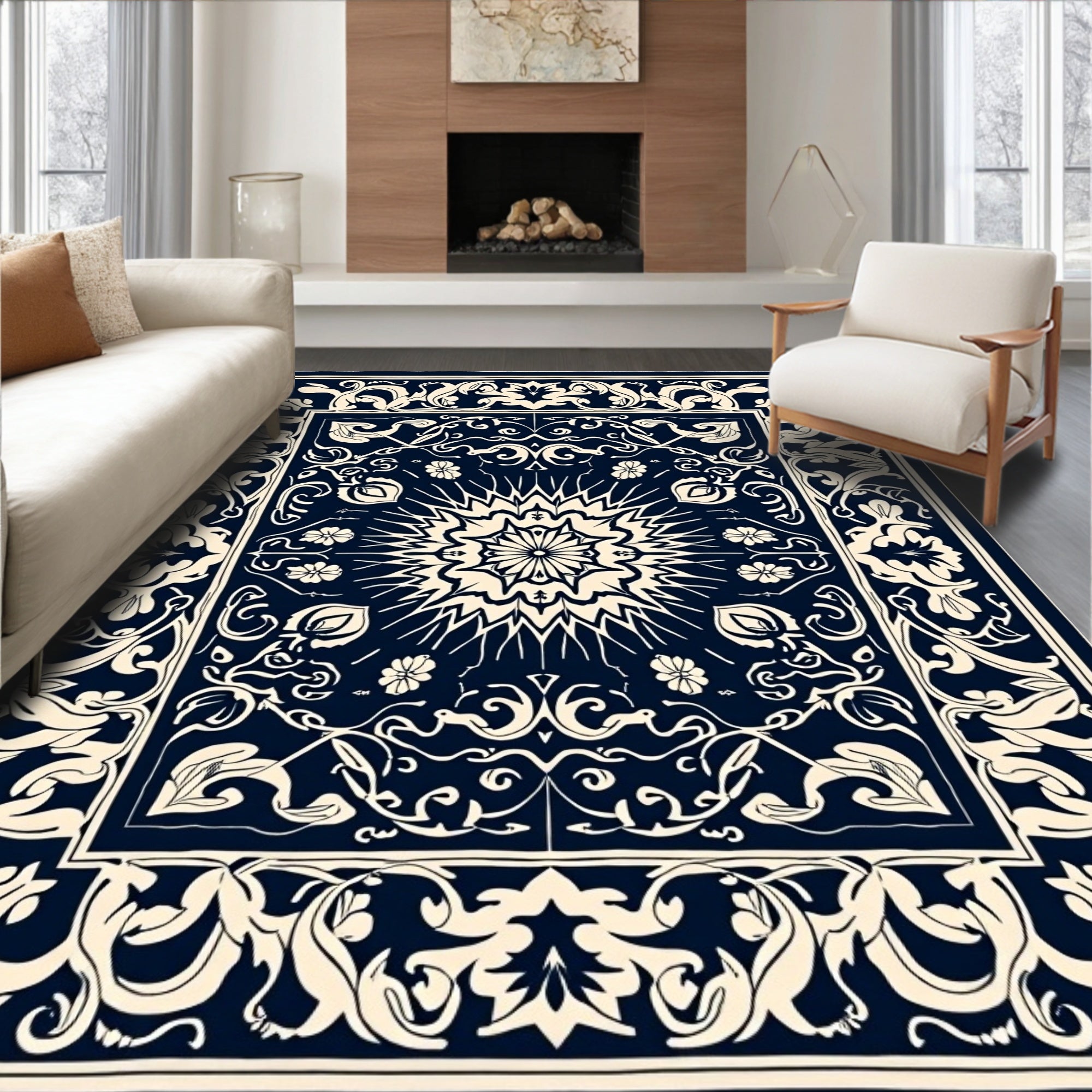 Intricate Floral Medallion Dark Blue Rug