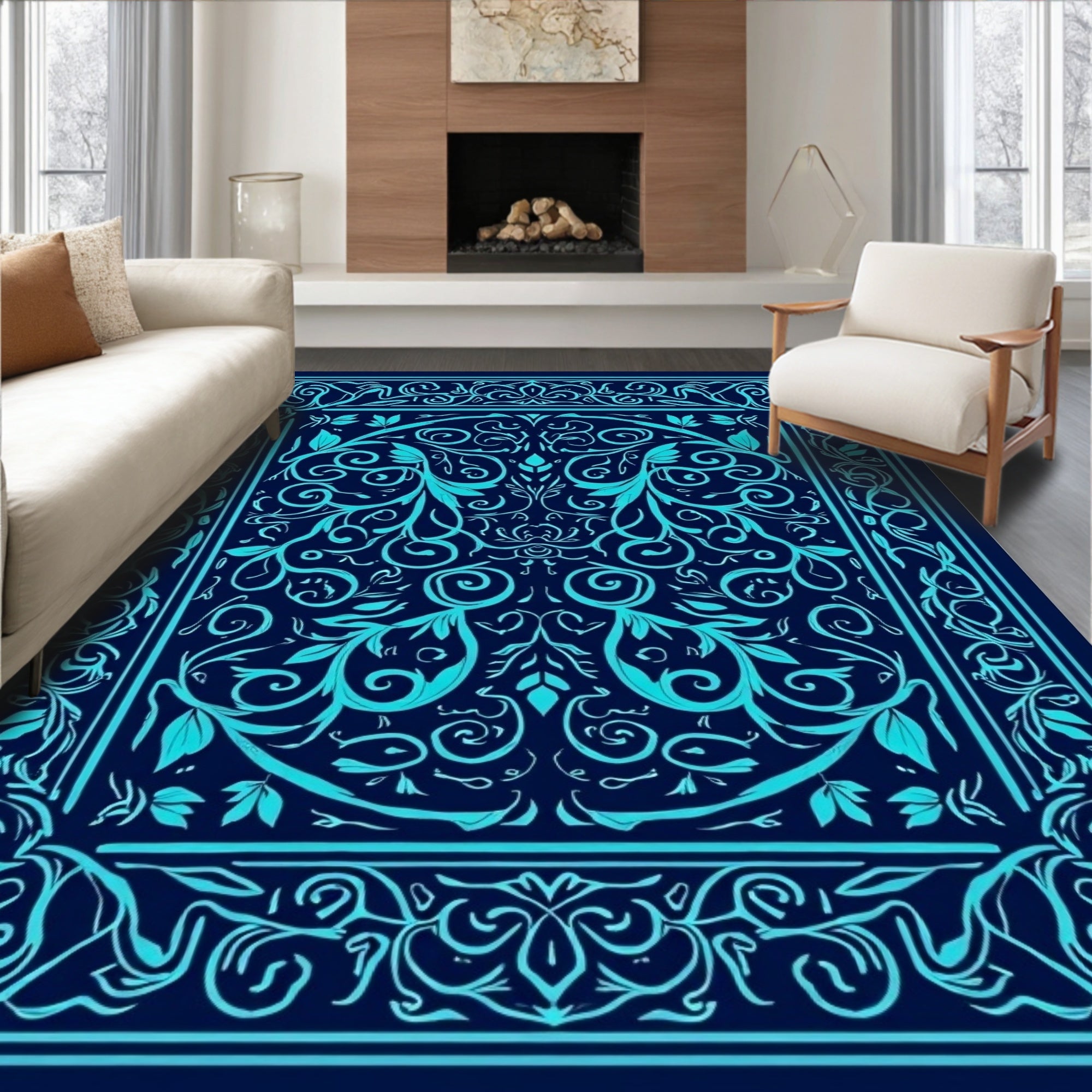 Intricate Teal Floral Scroll Pattern Rug