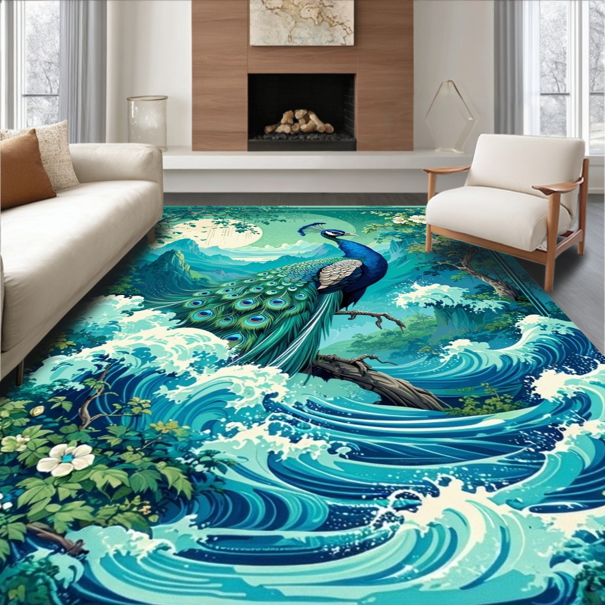Majestic Peacock Waterscape Scenic Design Rug