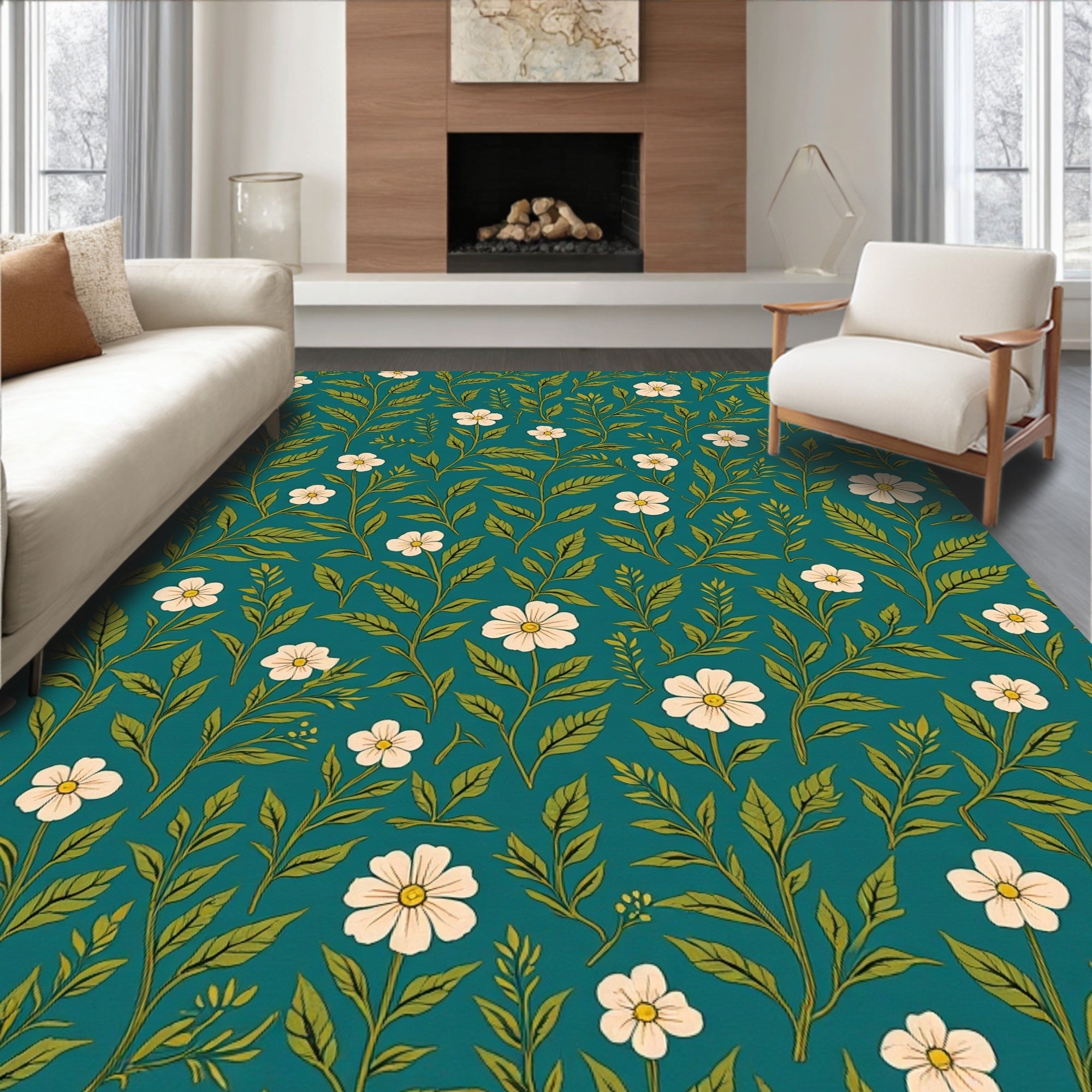 Teal Floral Botanical Vines Pattern Rug