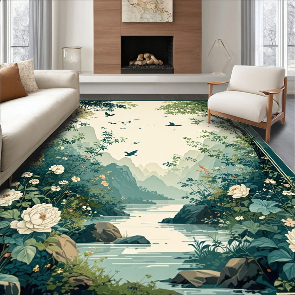 Serene Mountain River Floral Landscape Rug