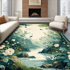 Serene Mountain River Floral Landscape Rug