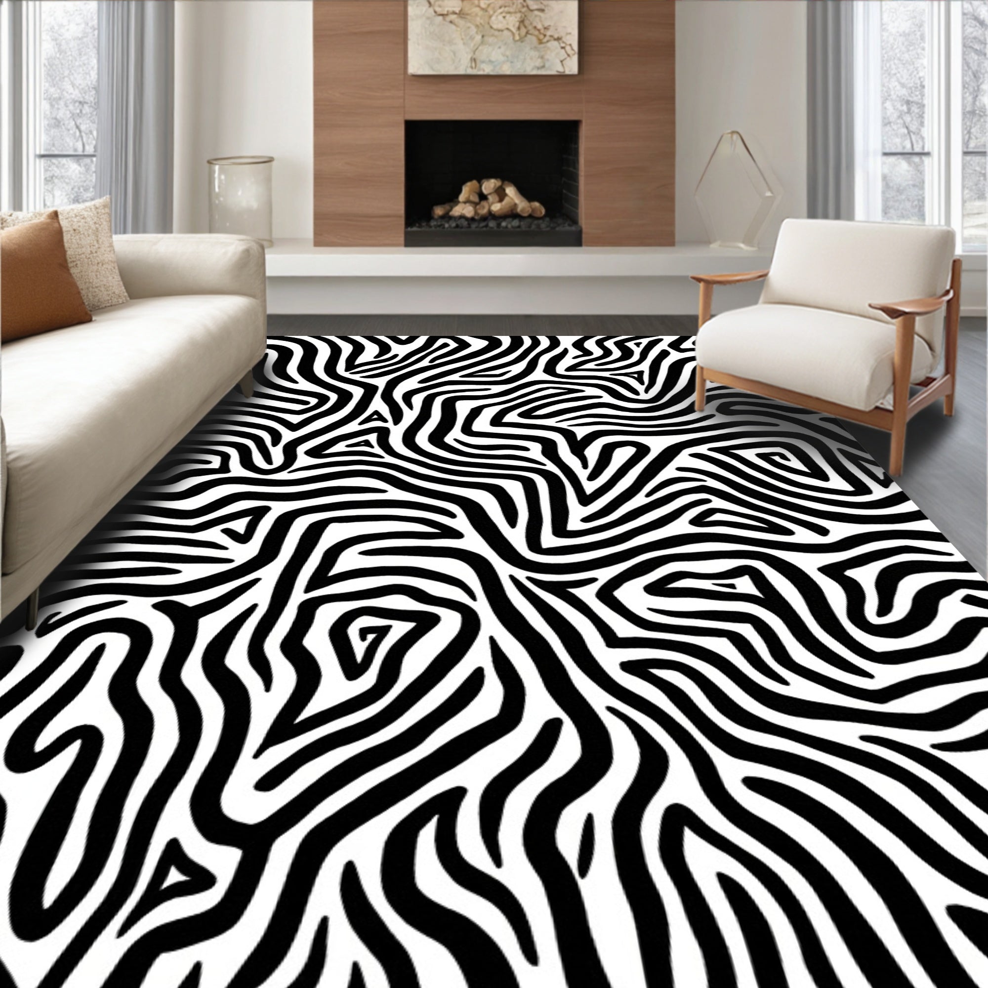 Abstract Black White Organic Lines Rug