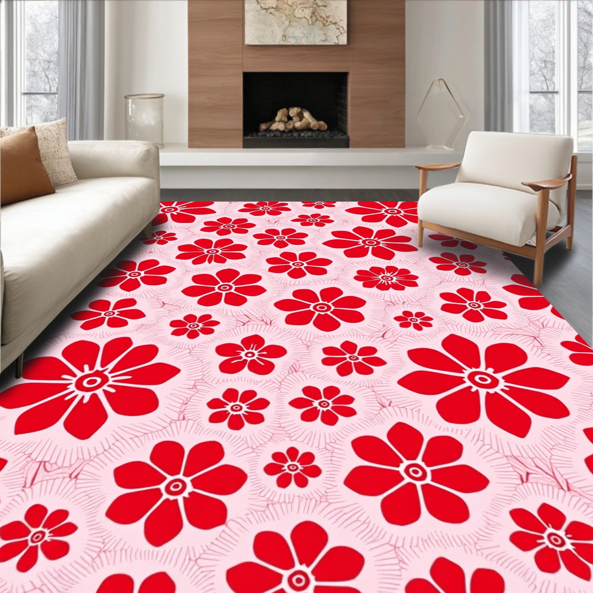 Bold Red Floral Pattern Design Rug