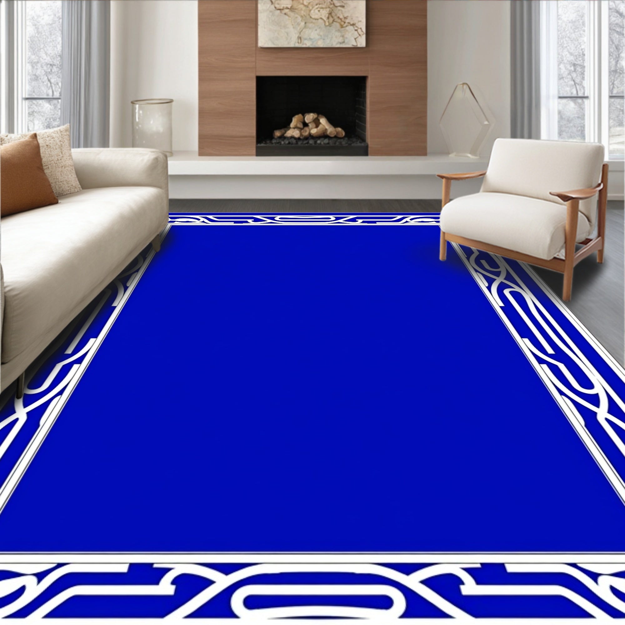 Vibrant Blue White Curving Border Rug