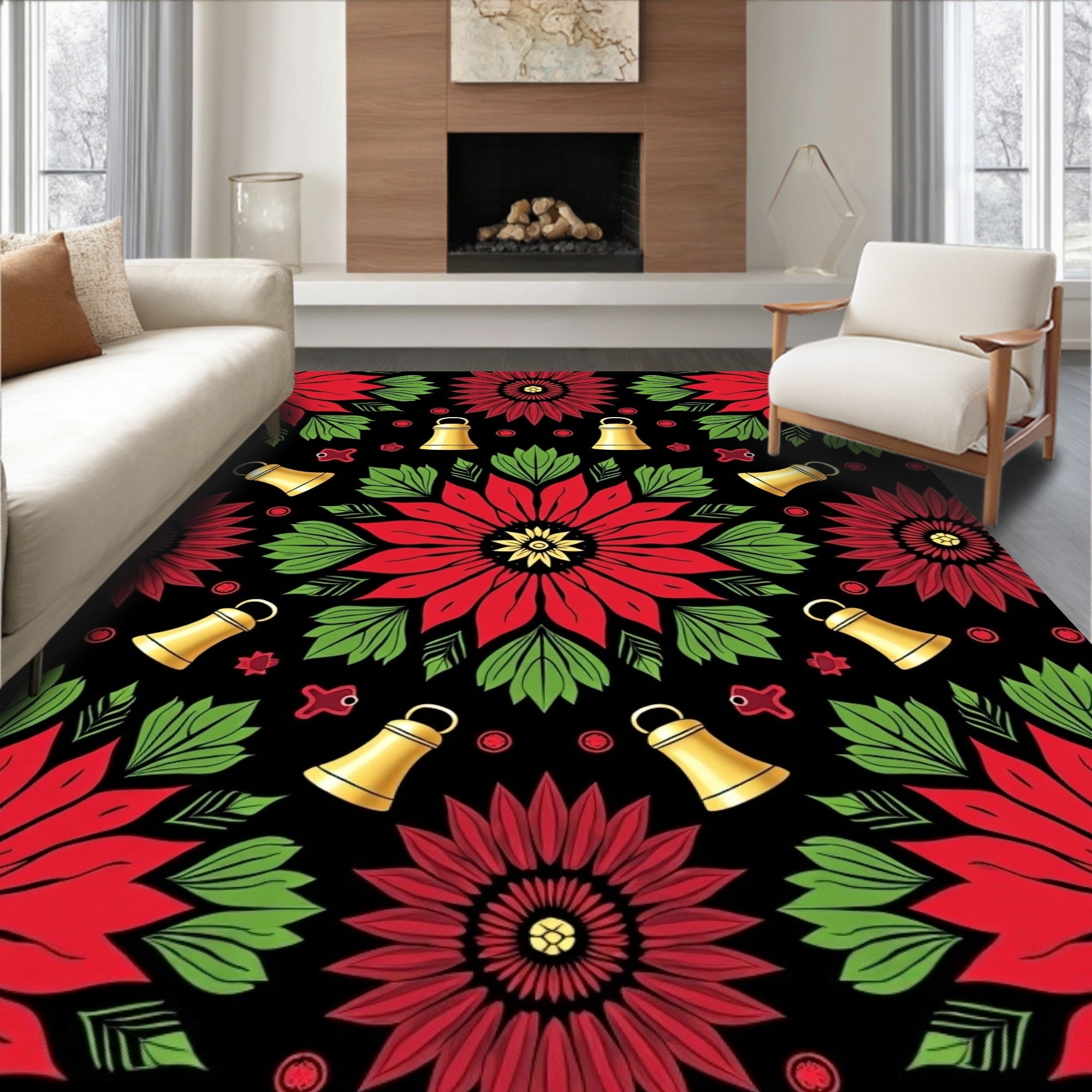 Red Green Floral Bells Mandala Rug