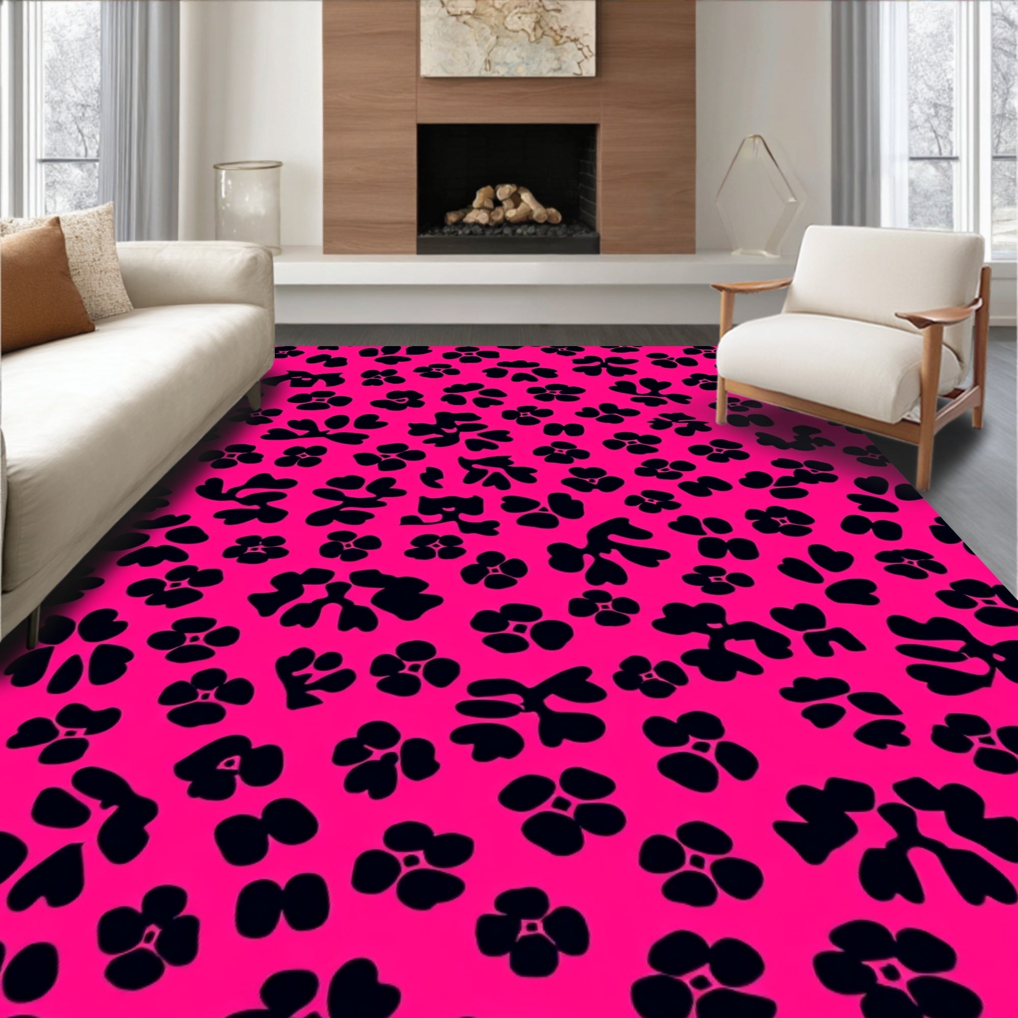 Vibrant Pink Black Floral Abstract Design Rug