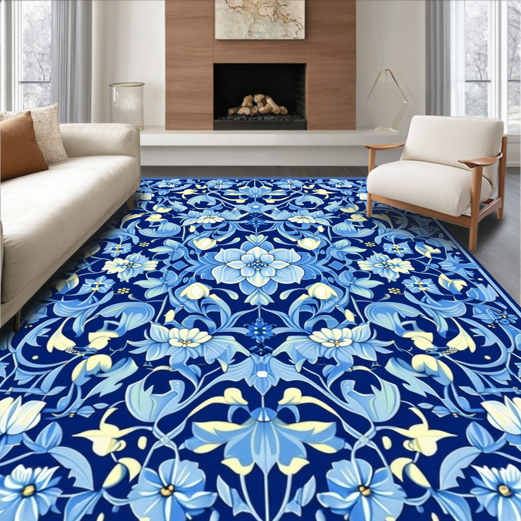Splendid Blue Floral Meadow Pattern Rug
