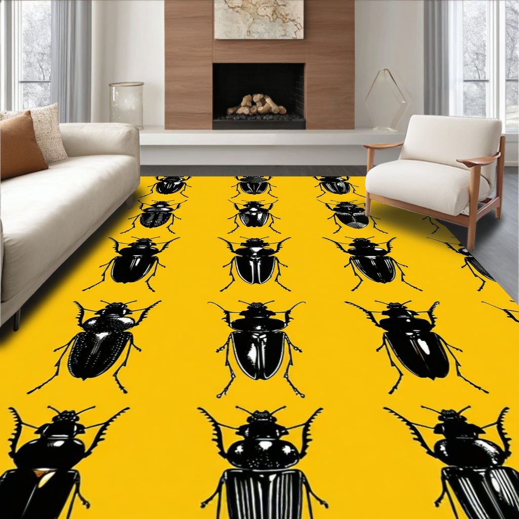 Black Insect Pattern Yellow Motif Rug