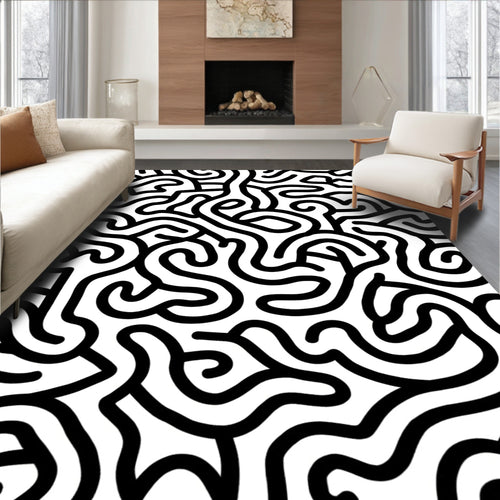 Abstract Black White Swirls Pattern Rug