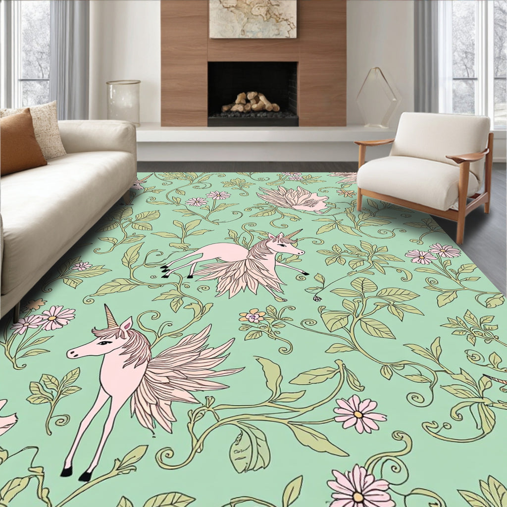 Pink Unicorn Floral Vine Pattern Rug