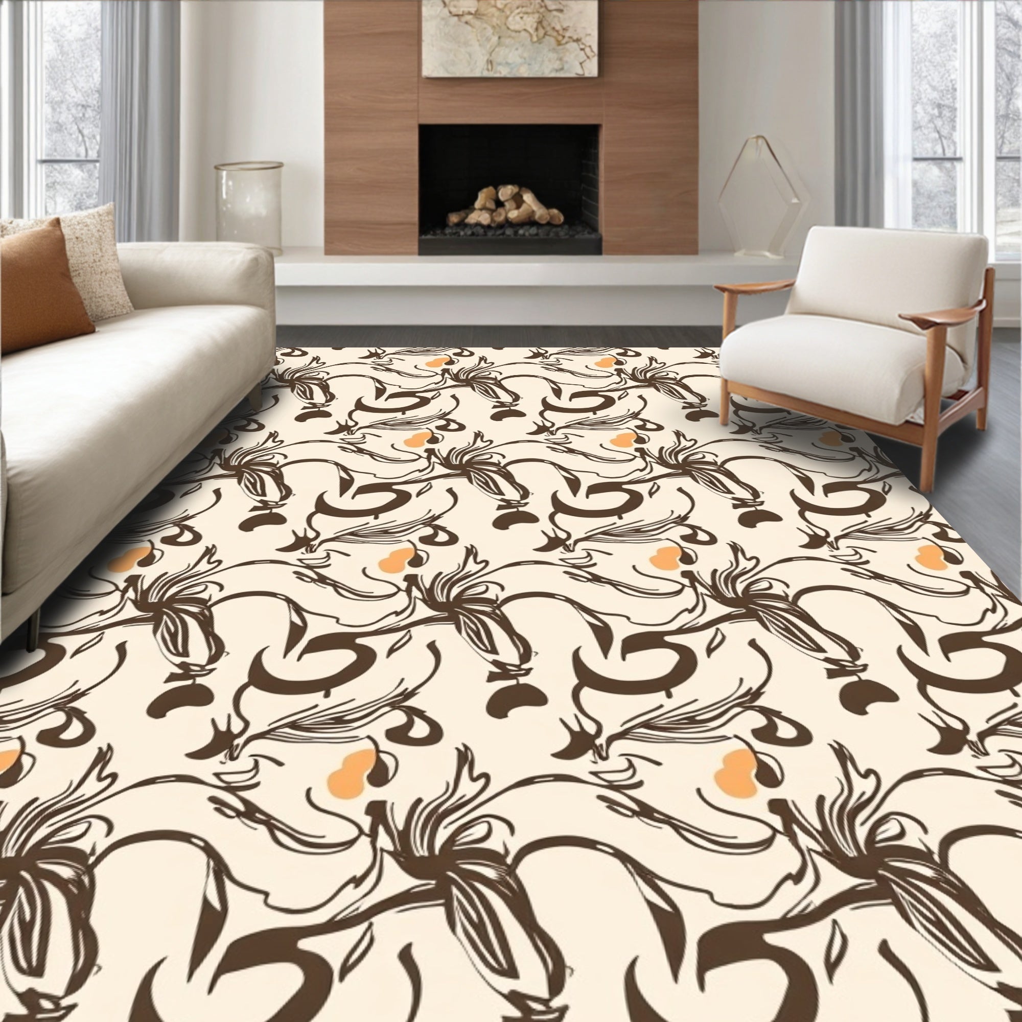Organic Brown Swirl Floral Pattern Rug