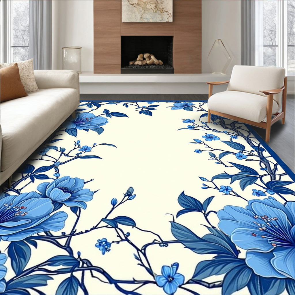 Charming Blue Floral Vines Design Rug