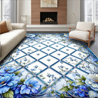 Blue Floral Lattice Geometric Design Rug