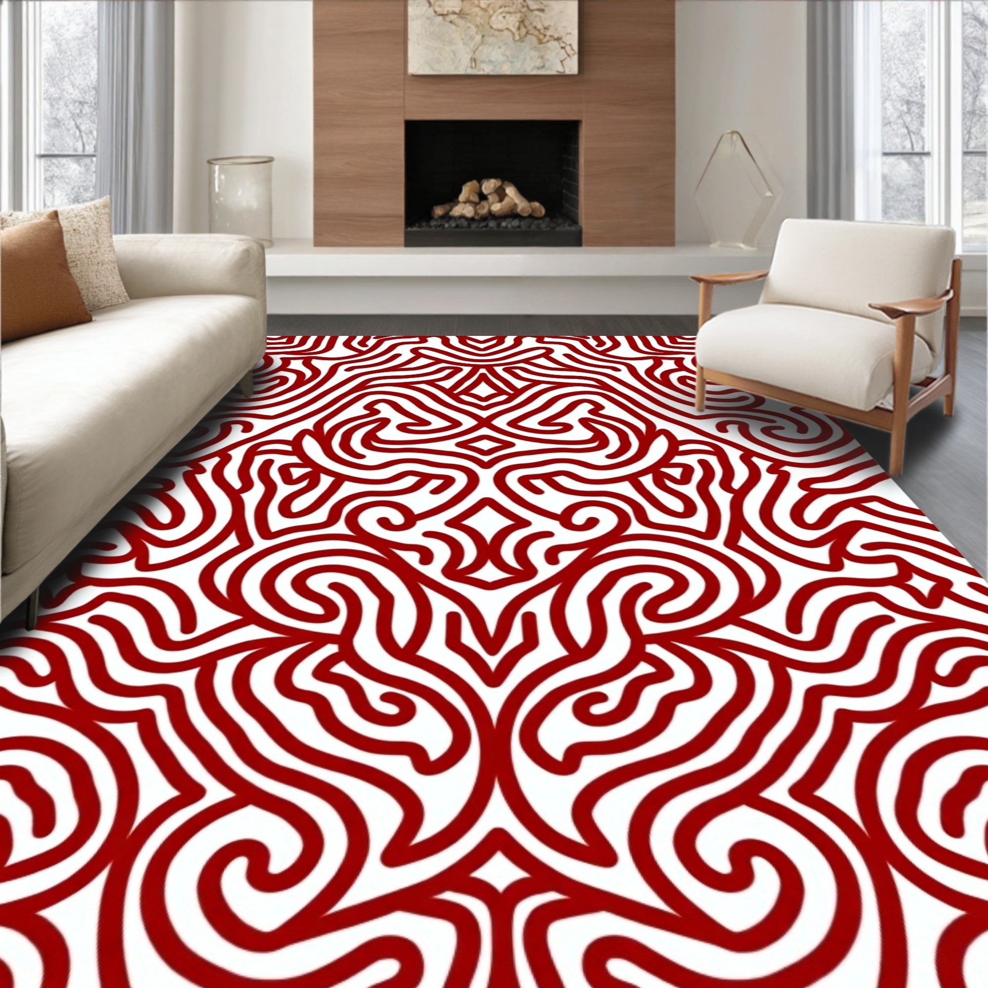 Ornate Red Swirl Pattern Rug