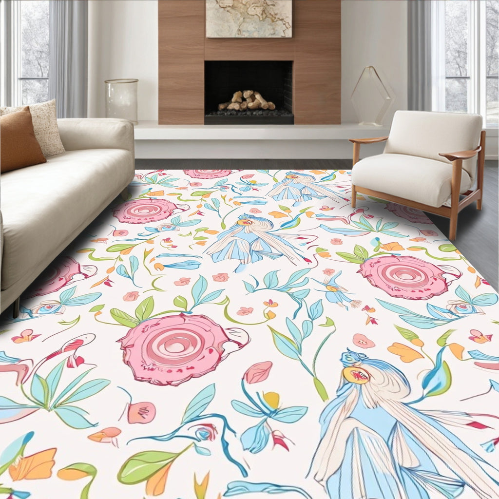 Whimsical Floral Illustration Pattern Rug