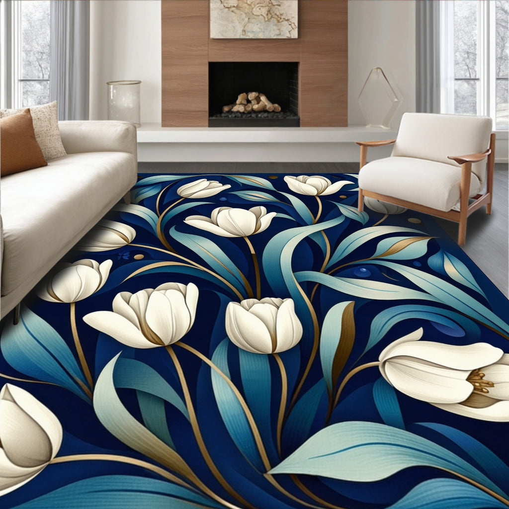 Elegant White Tulip Floral Art Rug