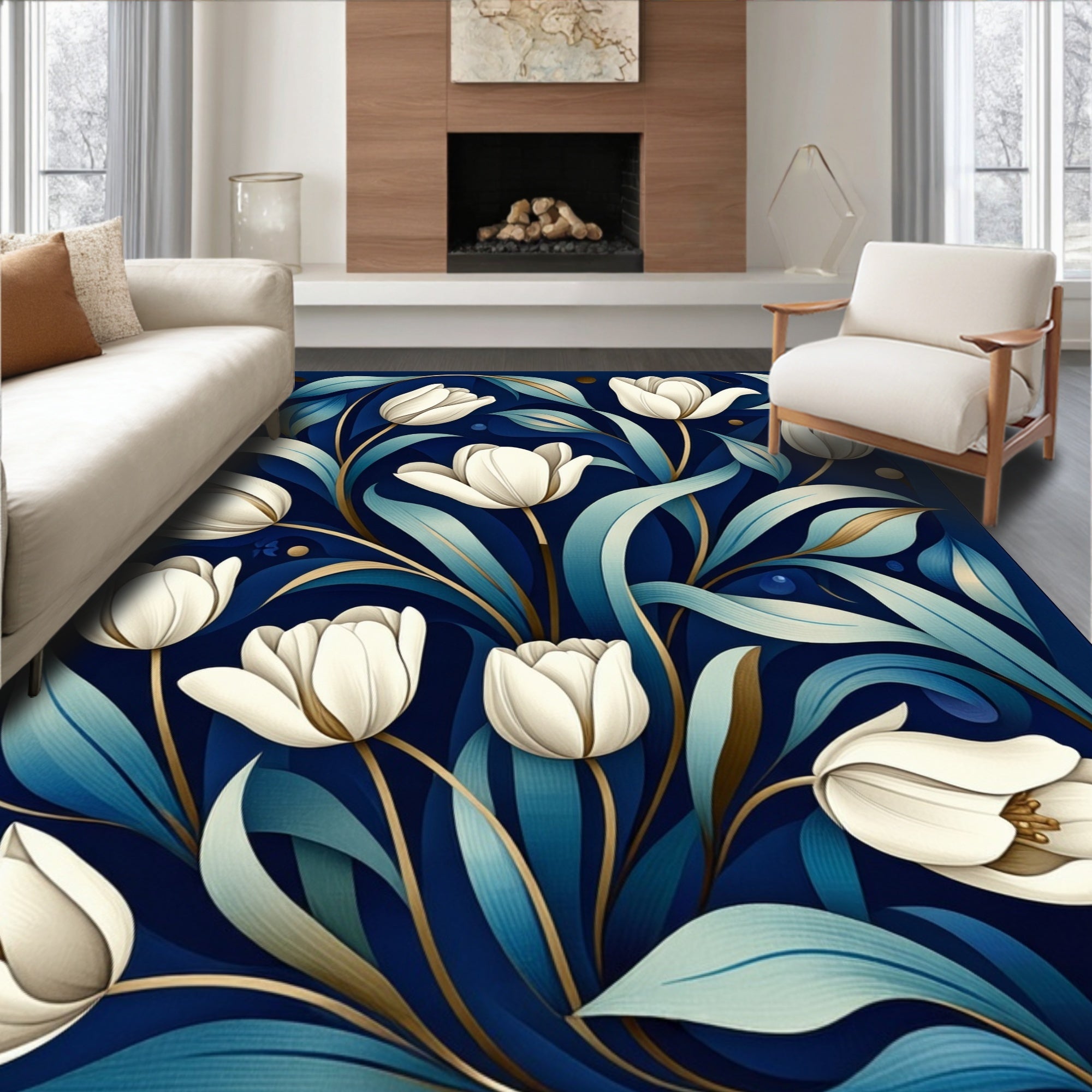 Elegant White Tulip Floral Art Rug