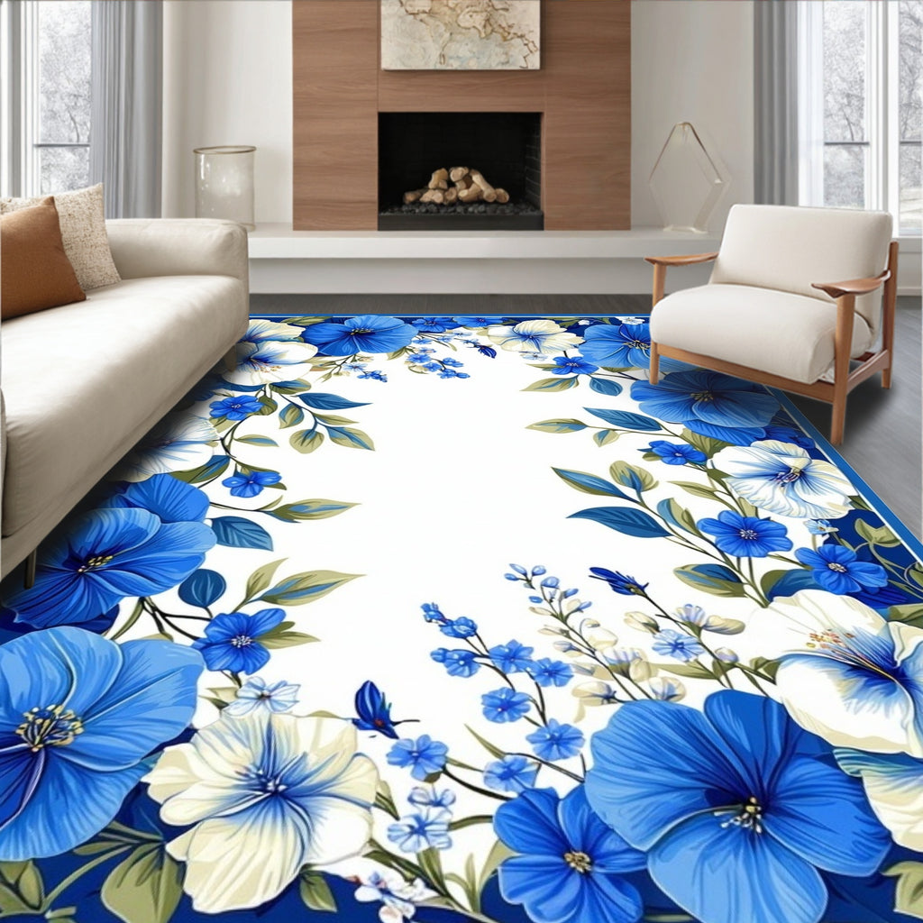 Bold Blue White Floral Vines Rug