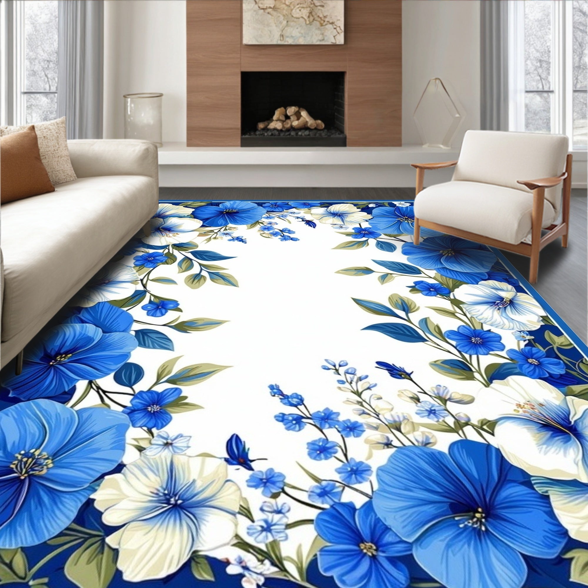 Bold Blue White Floral Vines Rug