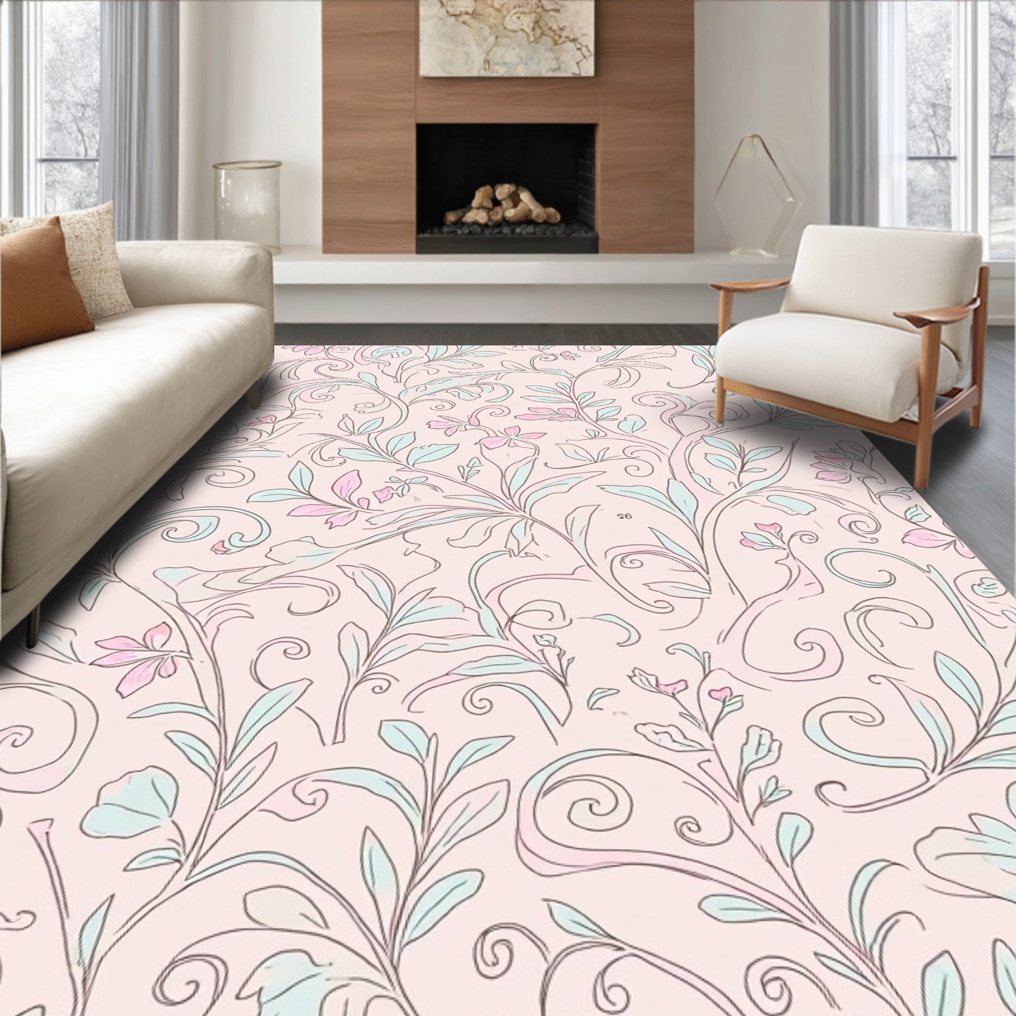 Blush Pink Floral Vine Pattern Rug