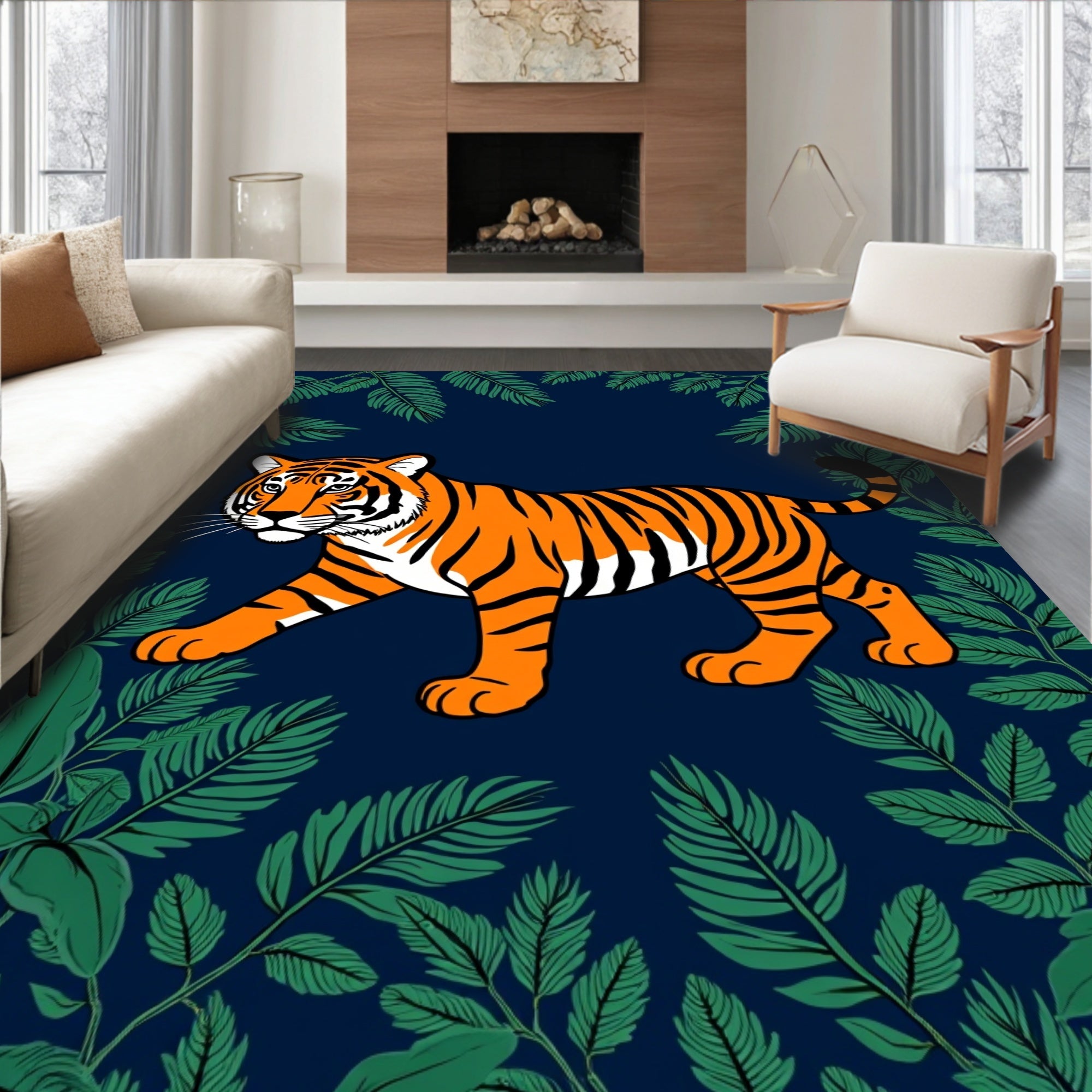 Bold Tiger Tropical Foliage Design Rug