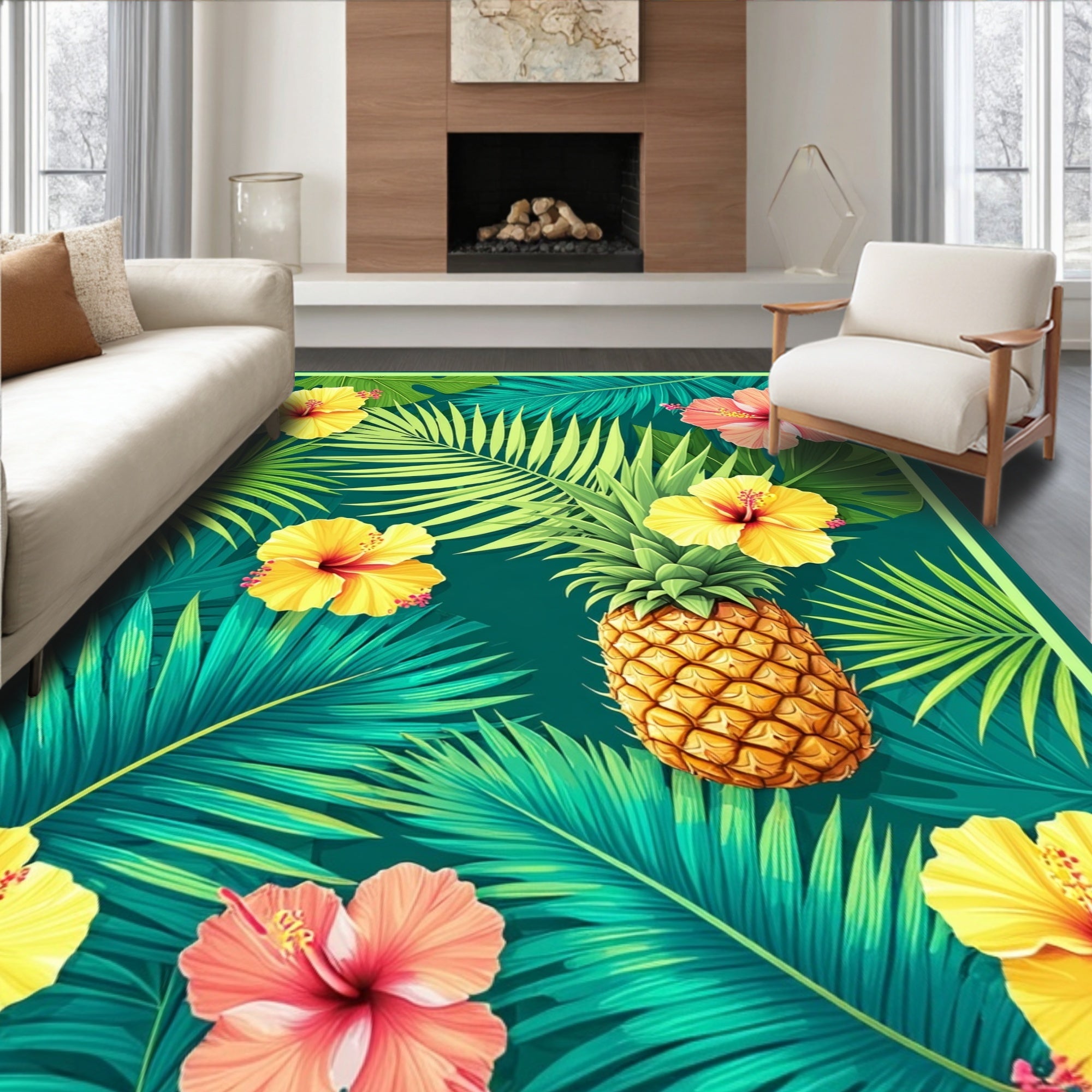 Tropical Pineapple and Hibiscus Floral Rug