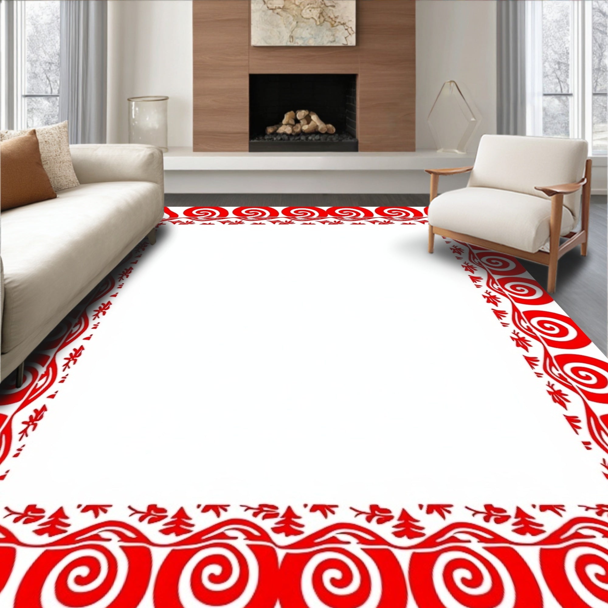 Bold Red Swirl Border Deco Rug