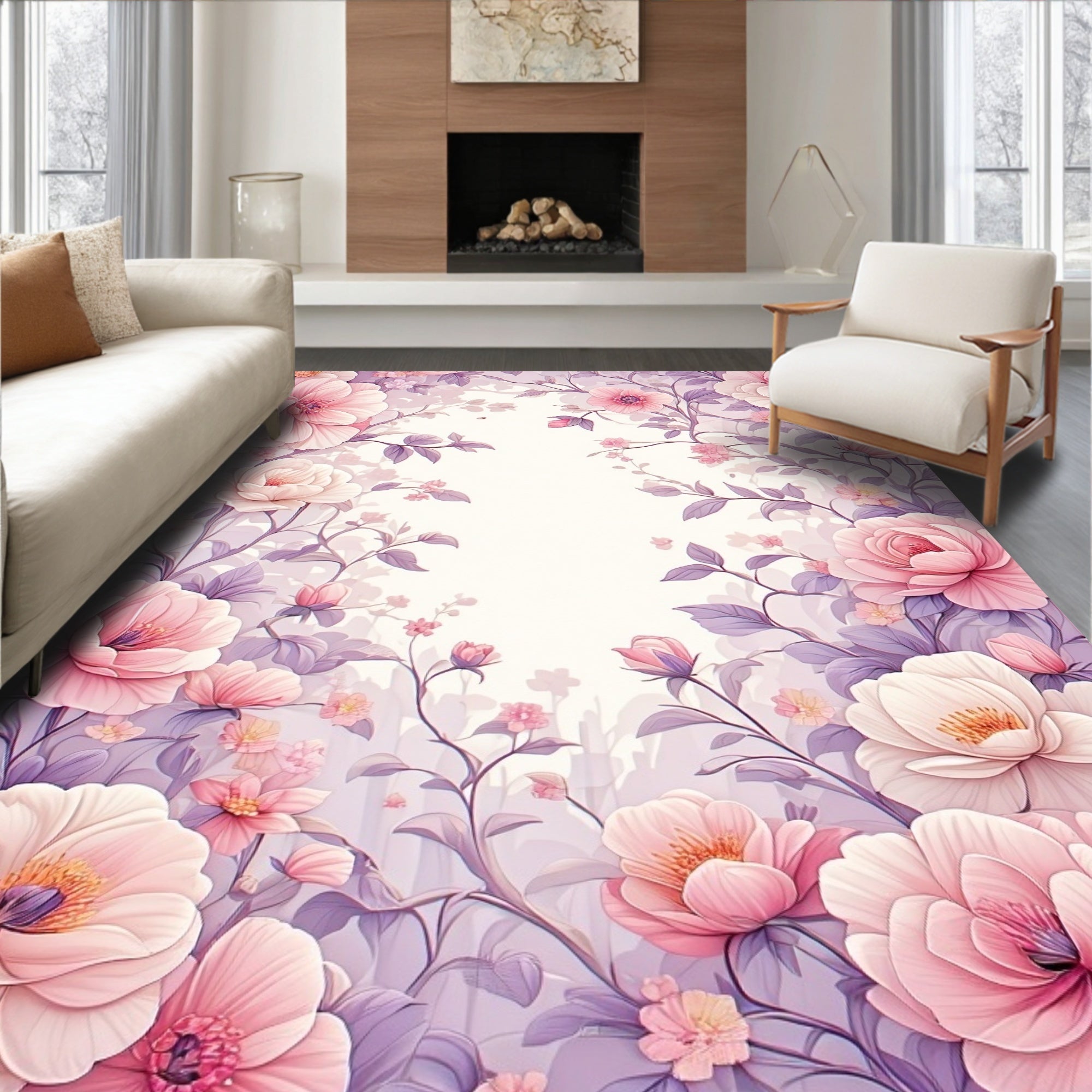 Soft Pink Floral Vine Pattern Rug