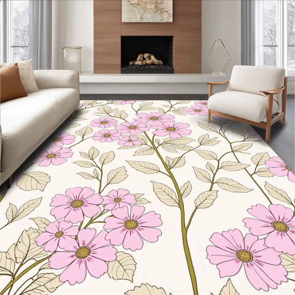 Delicate Pink Floral Pattern with Leaves Rug