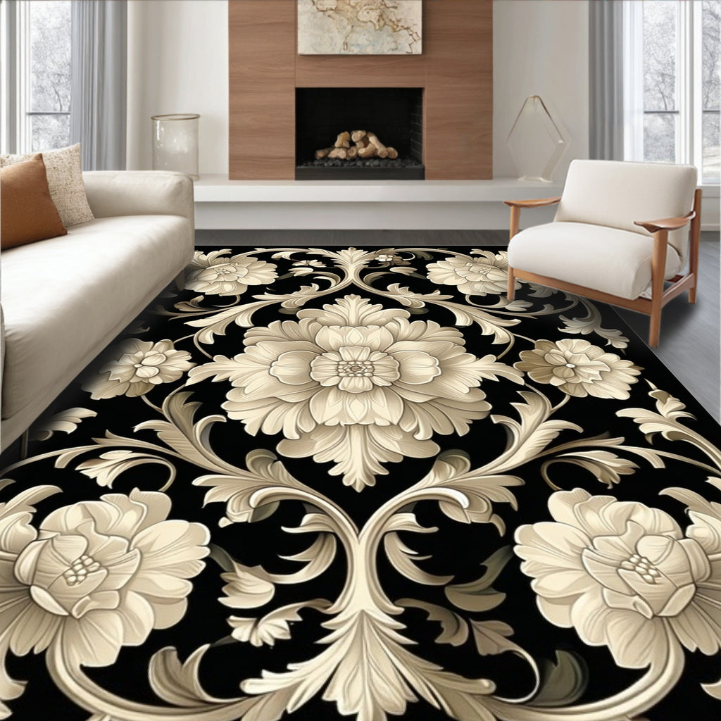 Antique Floral Swirls Black Rug