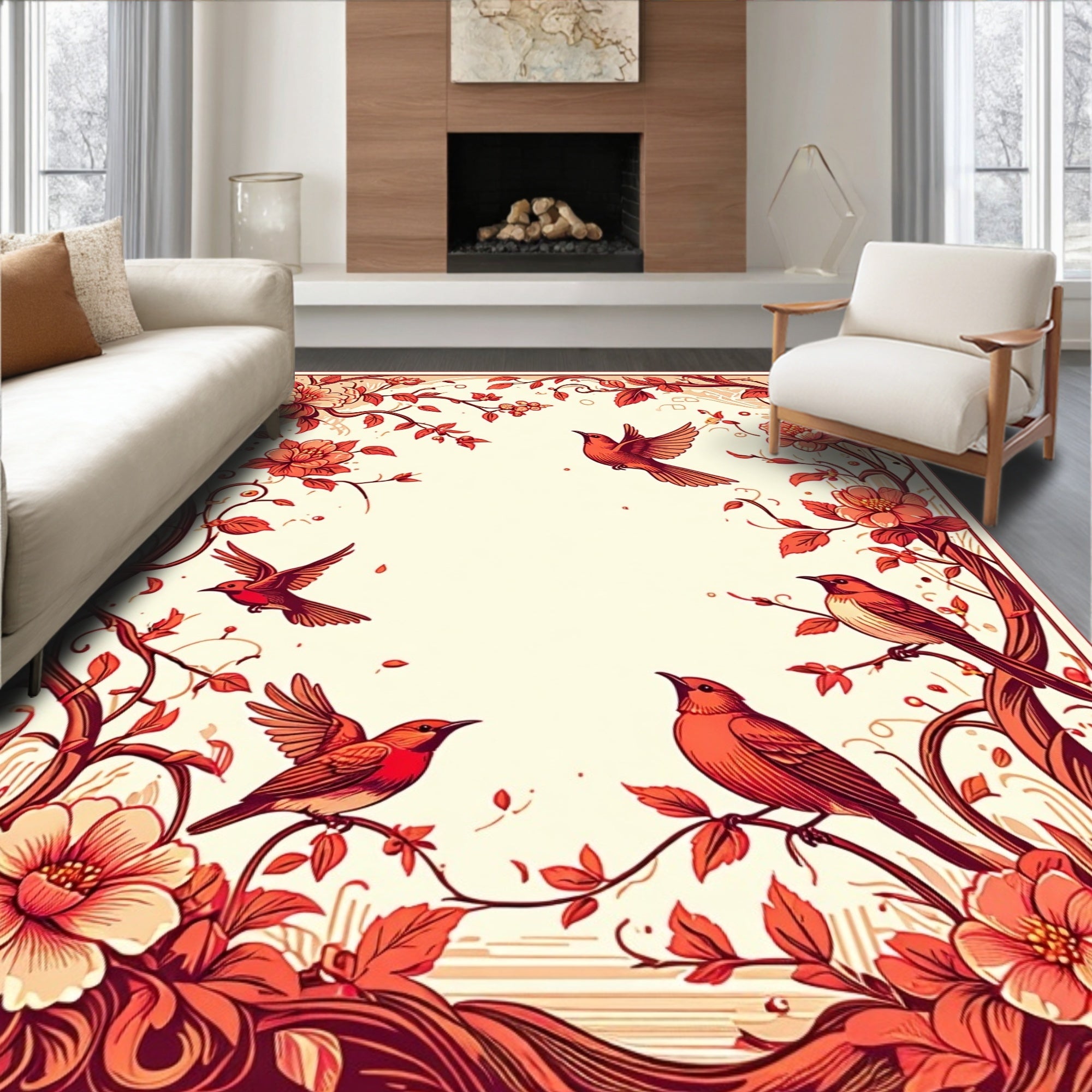 Floral Birds Branch Pattern Design Rug
