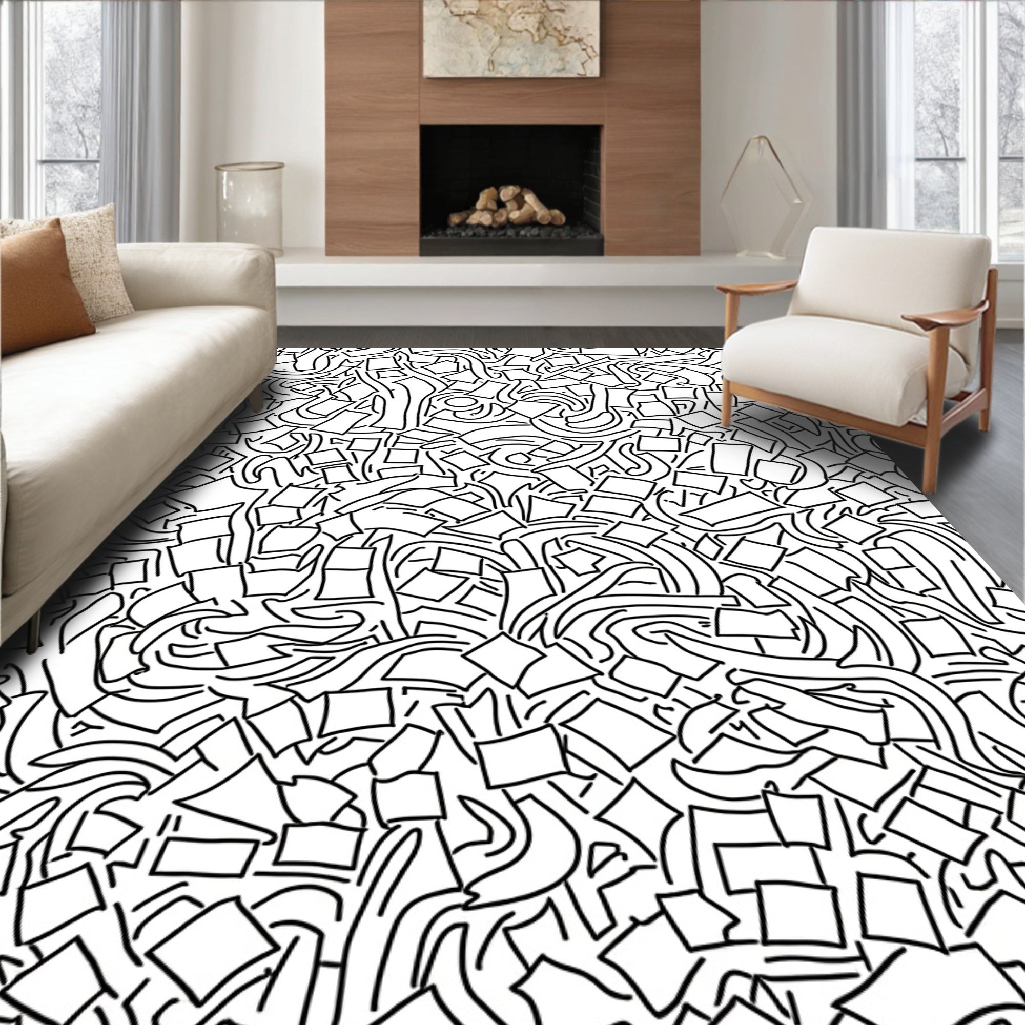 Abstract Scattered Square Line Art Rug