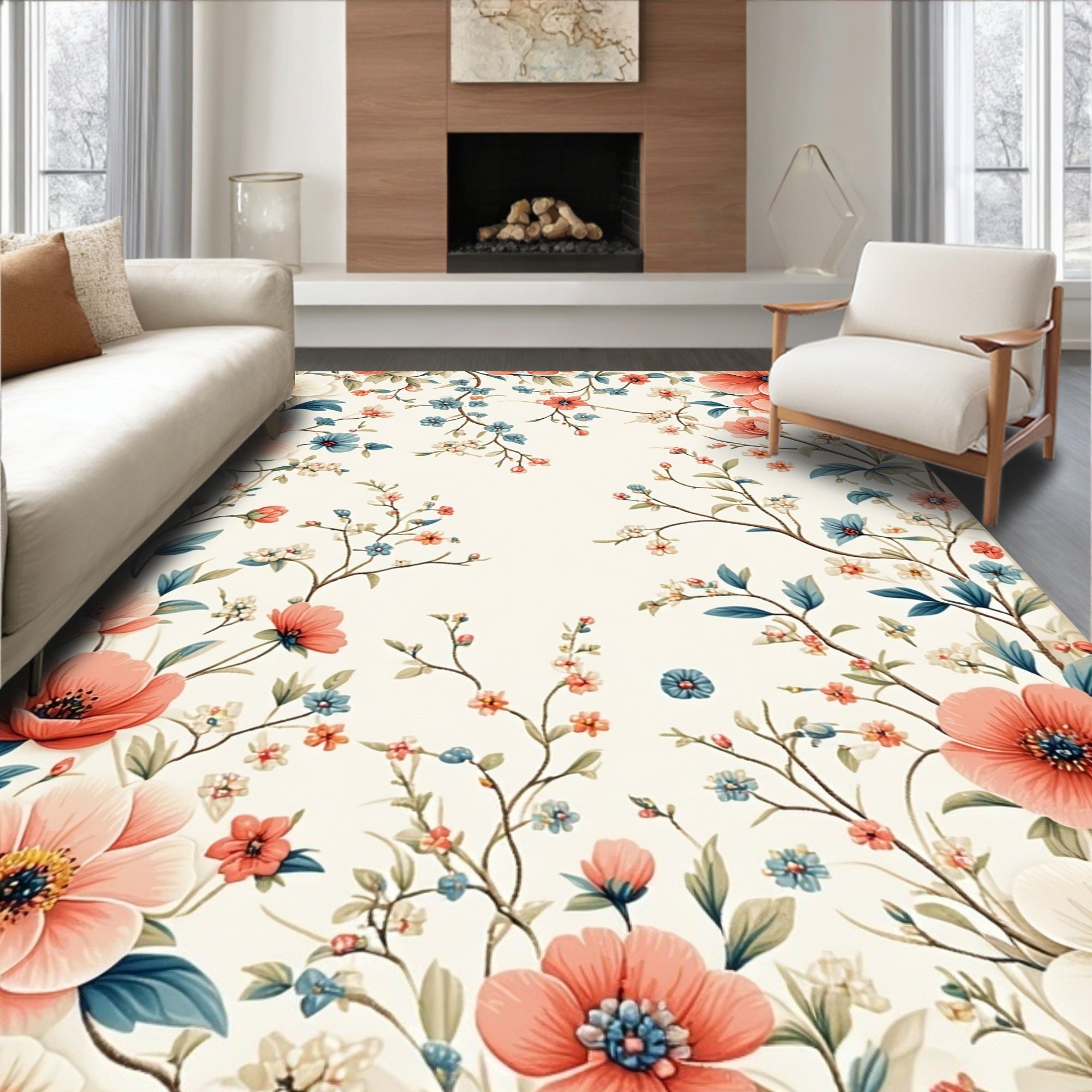 Coral And Blue Floral Vines Rug
