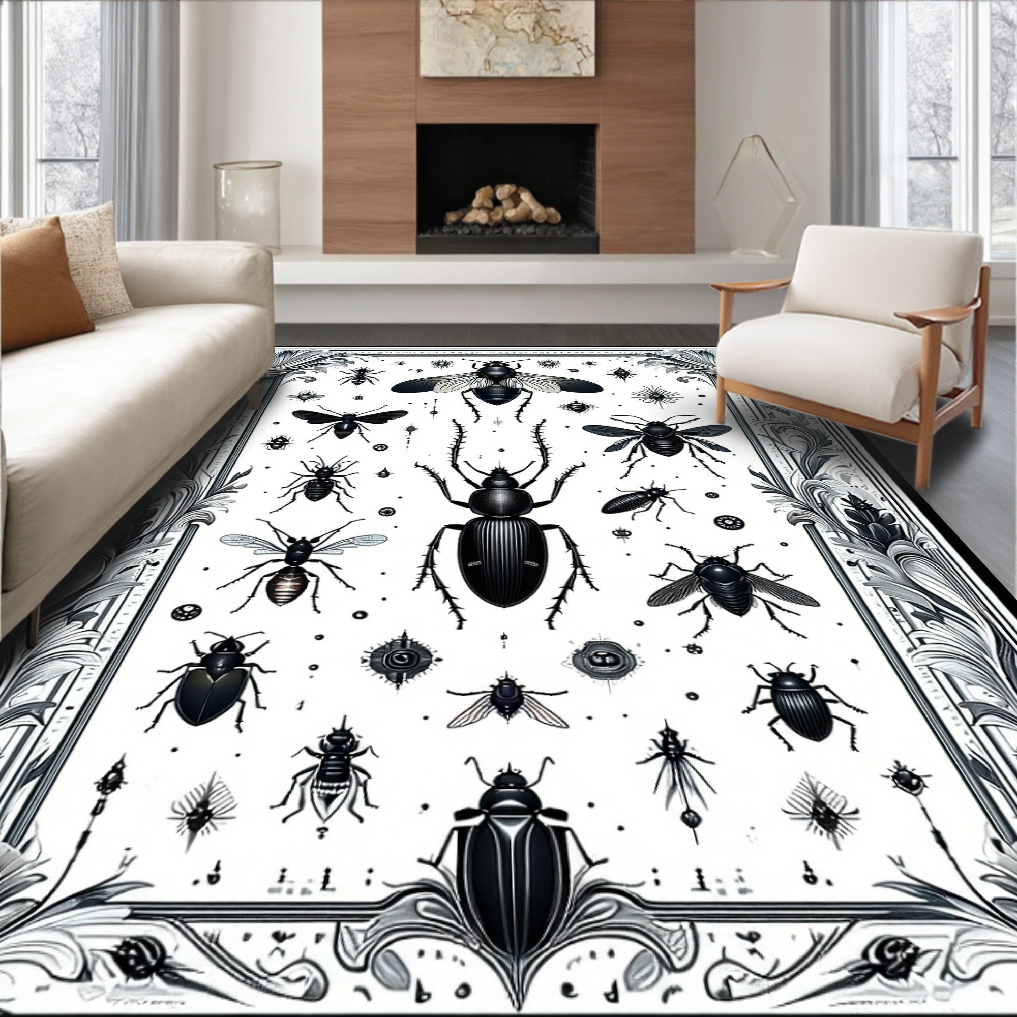 Ornate Insect Floral Pattern Rug
