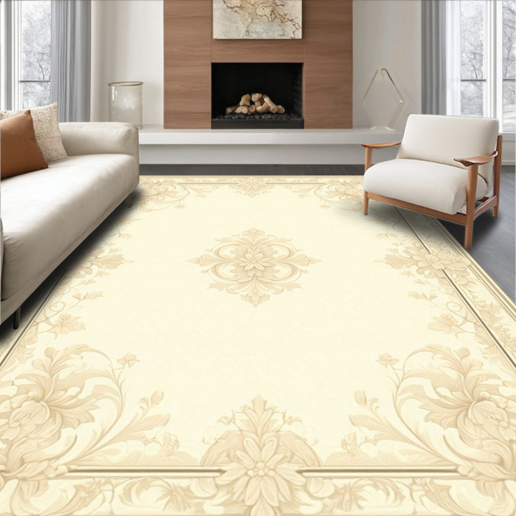 Neutral Floral Damask Scroll Pattern Rug