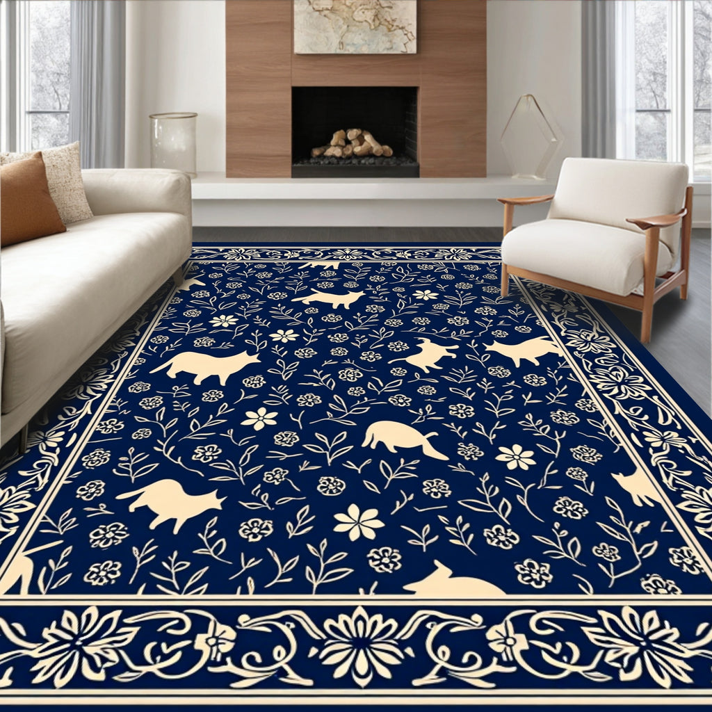 Whimsical Cat Floral Border Accent Rug