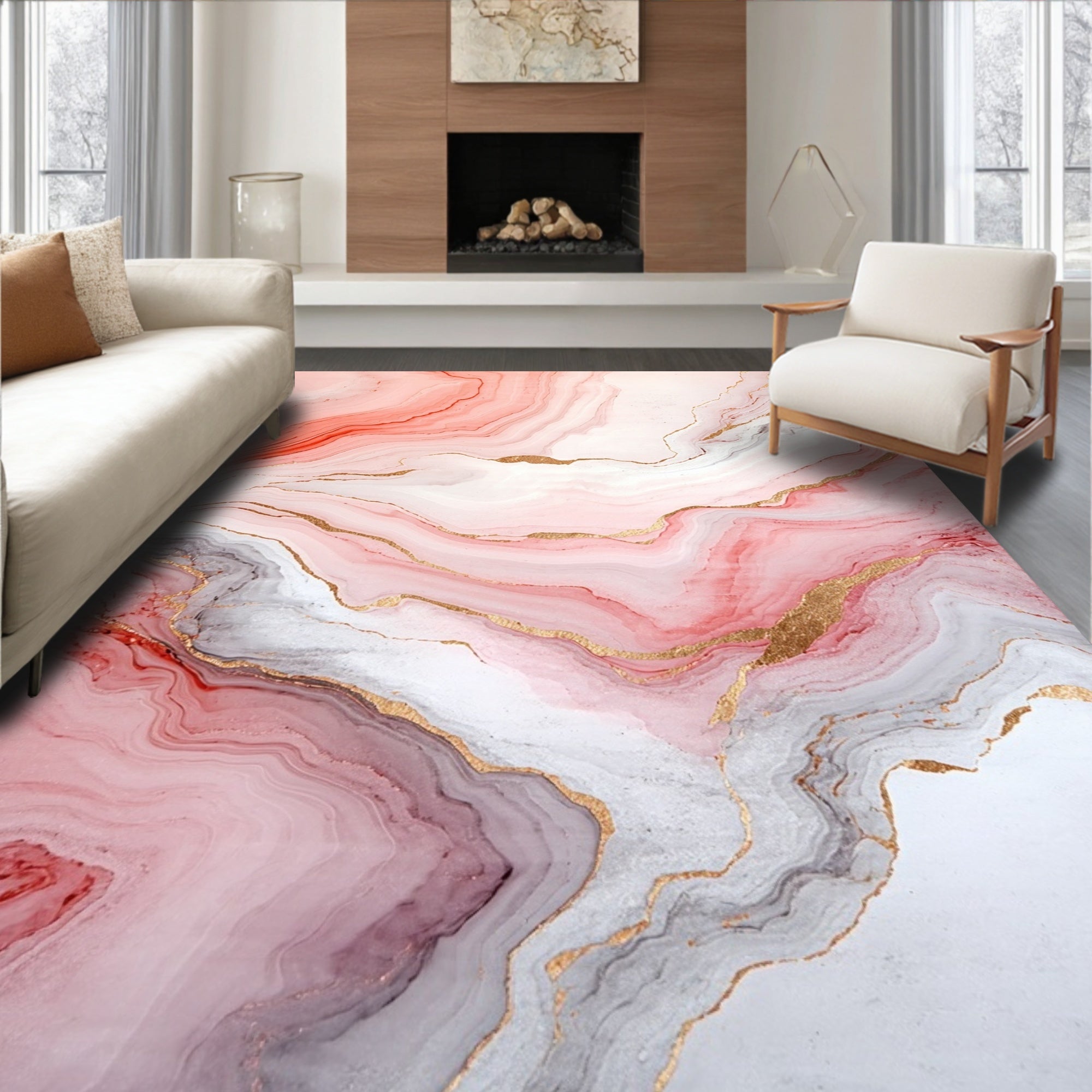 Abstract Pink Gold Marble Design Rug
