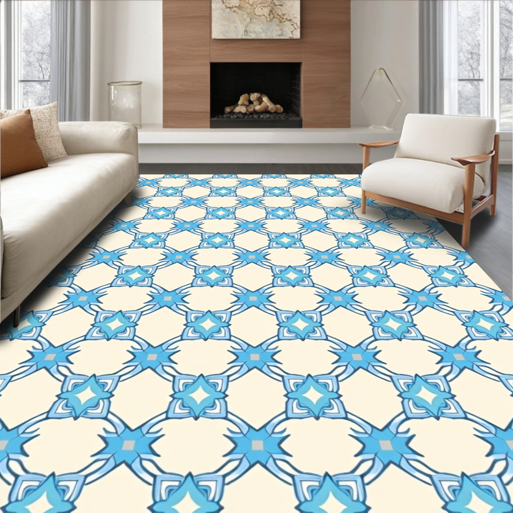 Blue Interlocking Geometric Floral Design Rug