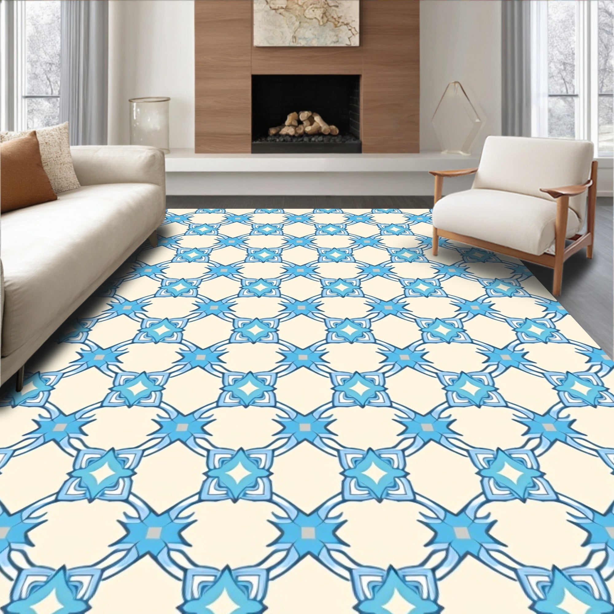Blue Interlocking Geometric Floral Design Rug