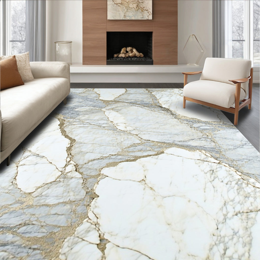 Elegant White Gold Veined Marble Pattern Rug
