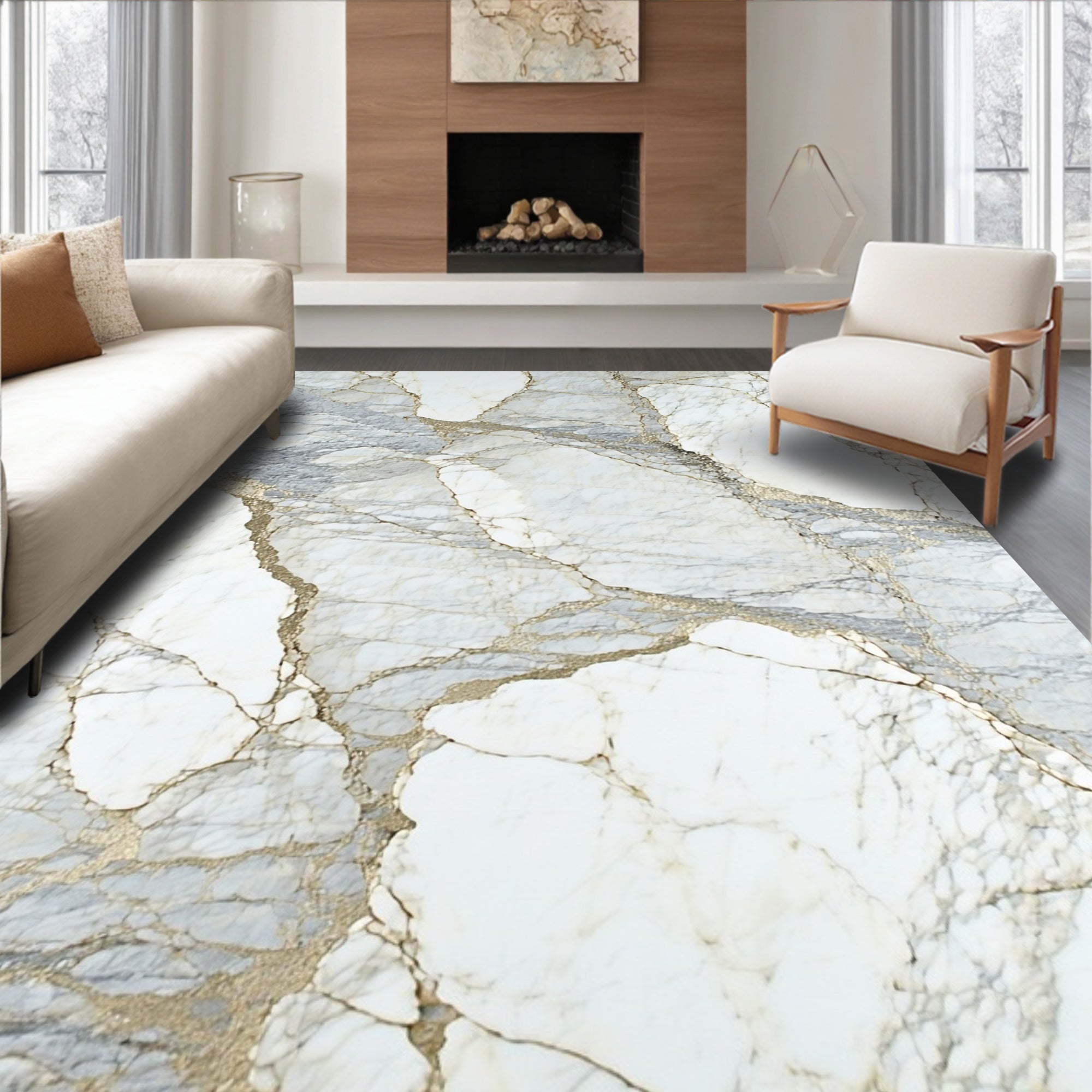Elegant White Gold Veined Marble Pattern Rug