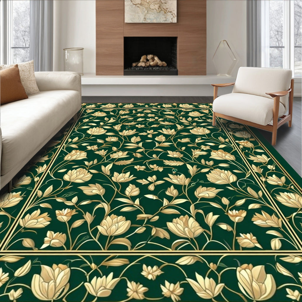 Emerald Gold Floral Vine Pattern Rug