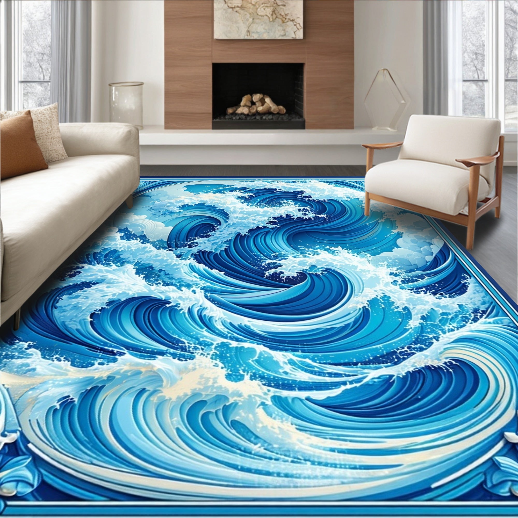 Dynamic Blue Ocean Wave Design Rug