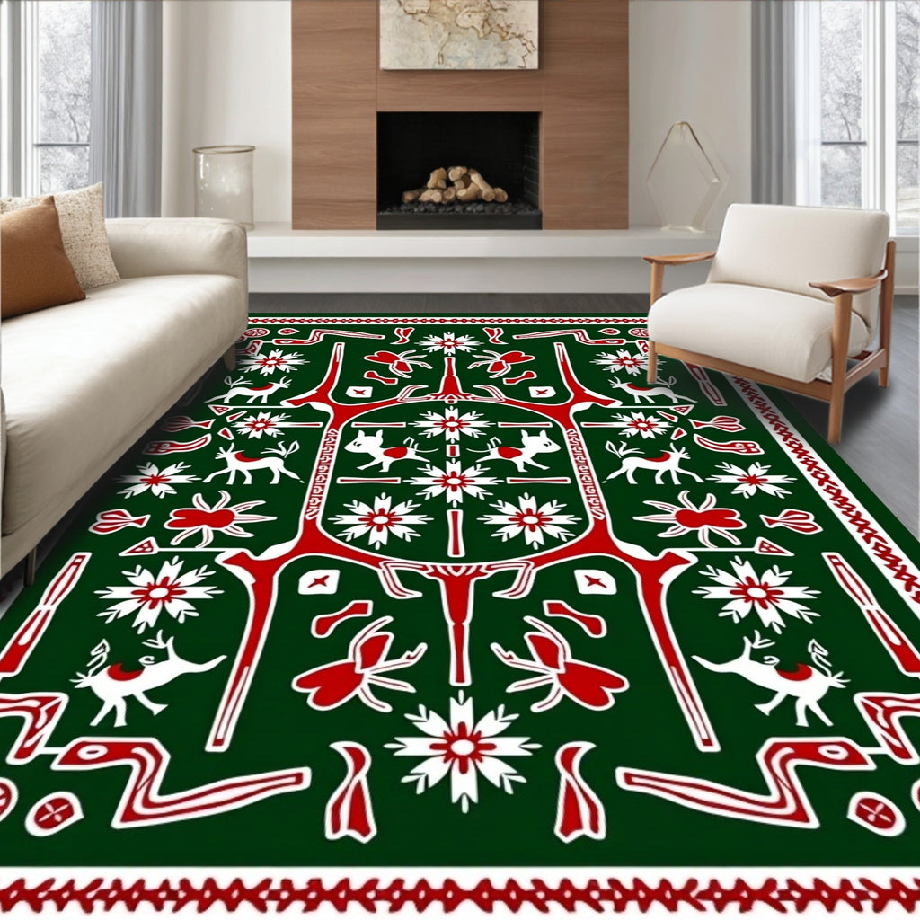 Deep Green White Red Animal Medallion Rug