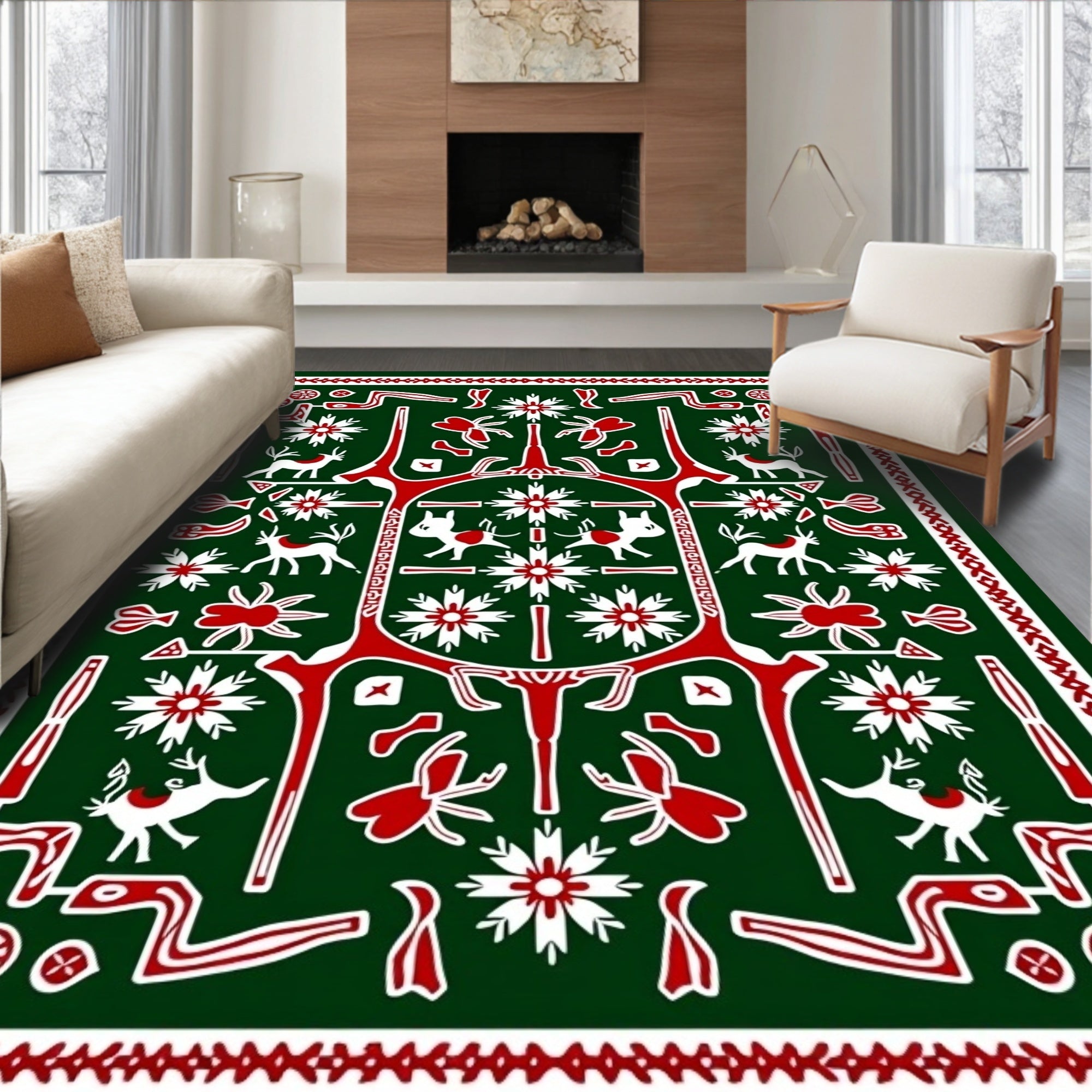 Deep Green White Red Animal Medallion Rug